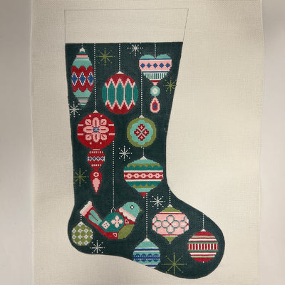 Colorful Tree Trimmings on Green Stocking Needlepoint Canvas