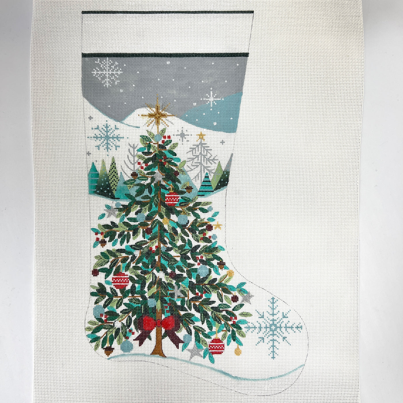 Christmas Tree with Red Bow Stocking Needlepoint Canvas