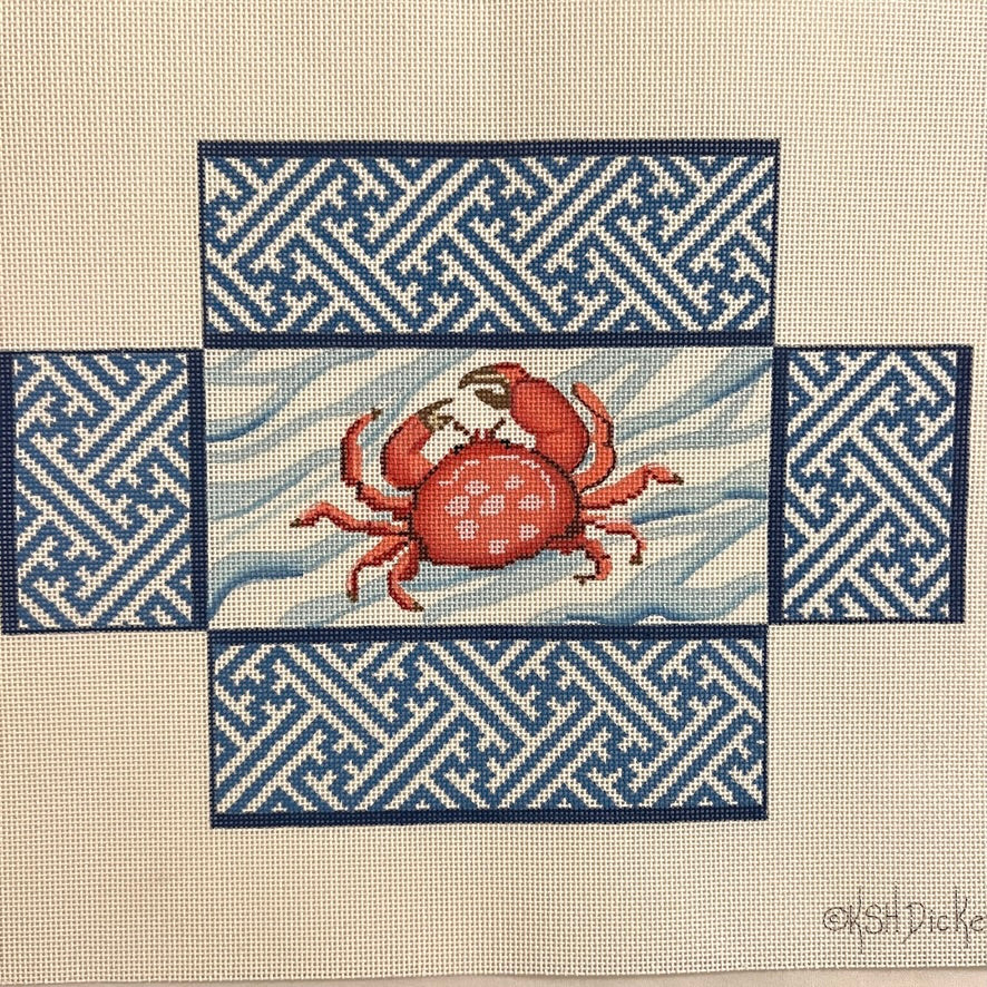 Crab w/ Chinoiserie Lattice Brick Cover Needlepoint Canvas