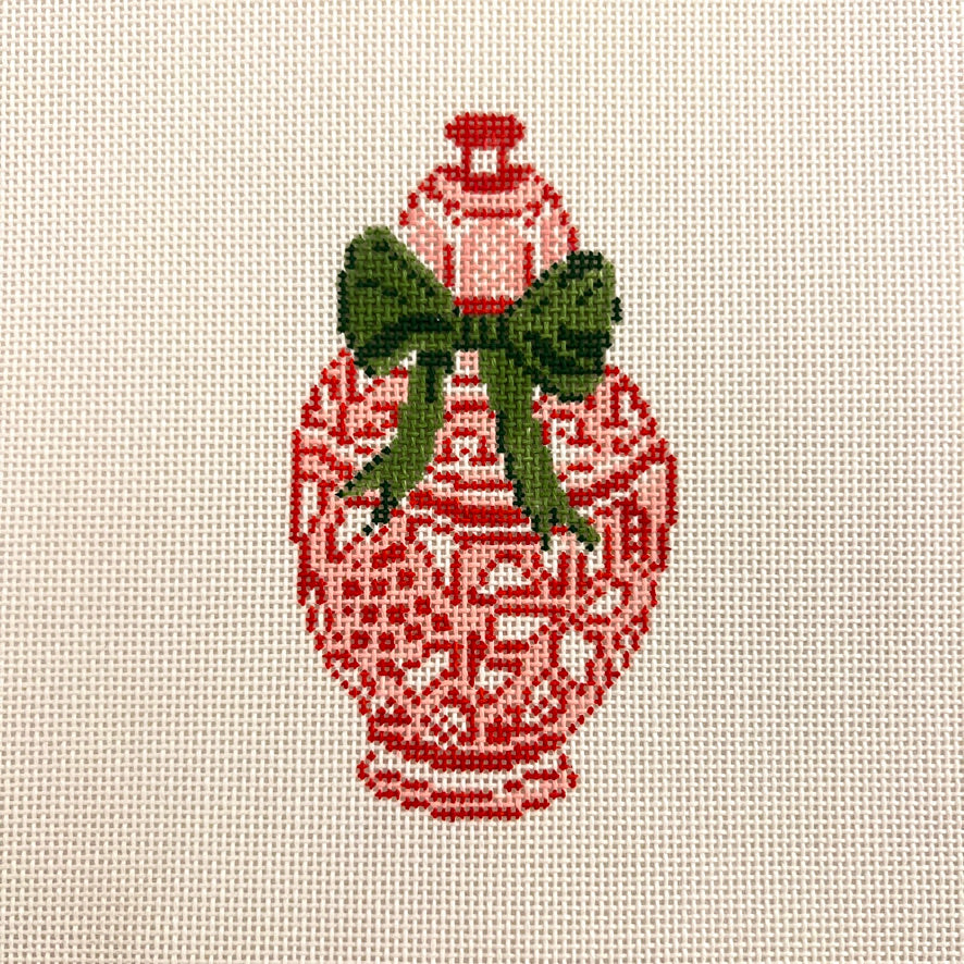Red Ginger Jar with Green Bow Ornament Needlepoint Canvas