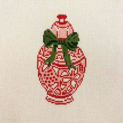 Red Ginger Jar with Green Bow Ornament Needlepoint Canvas