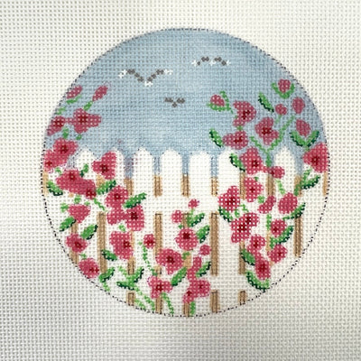 Rose Covered Picket Fence 4" Round Needlepoint Canvas