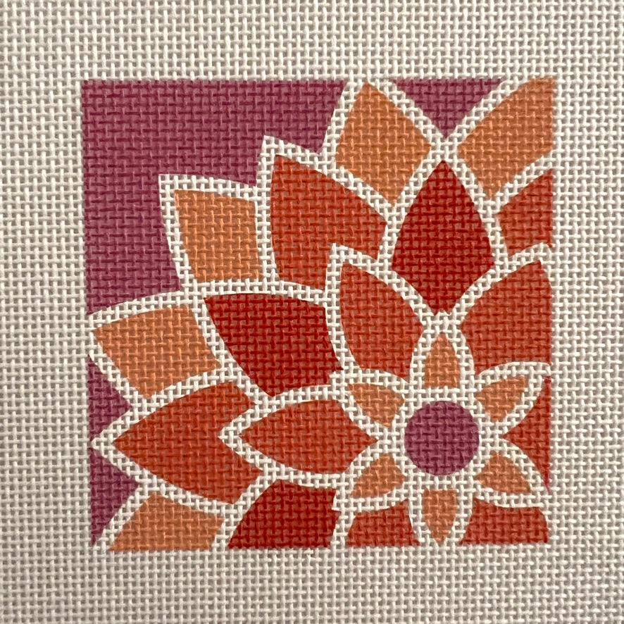 Square Orange Graphic Flower Needlepoint Canvas
