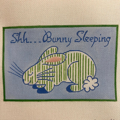 “Shh...Bunny Sleeping” Blue & Green Striped Bunny on light blue Needlepoint Canvas