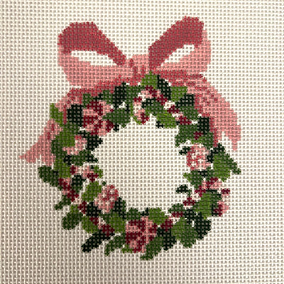 Monogramable Pink Wreath with Candy Ornament Needlepoint Canvas