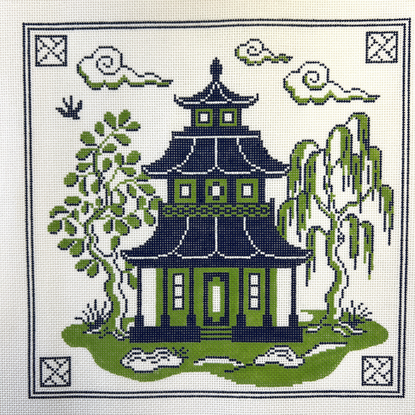 Blue & Green Pagoda Needlepoint Canvas