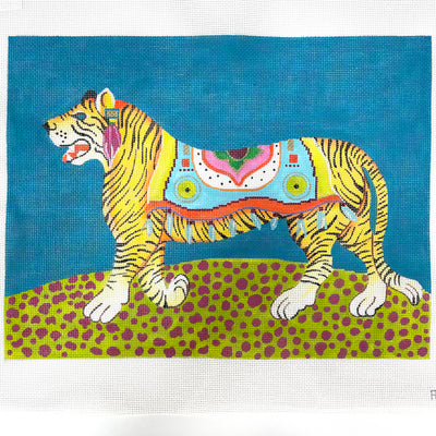 Colorful Tiger on Teal Blue Needlepoint Canvas