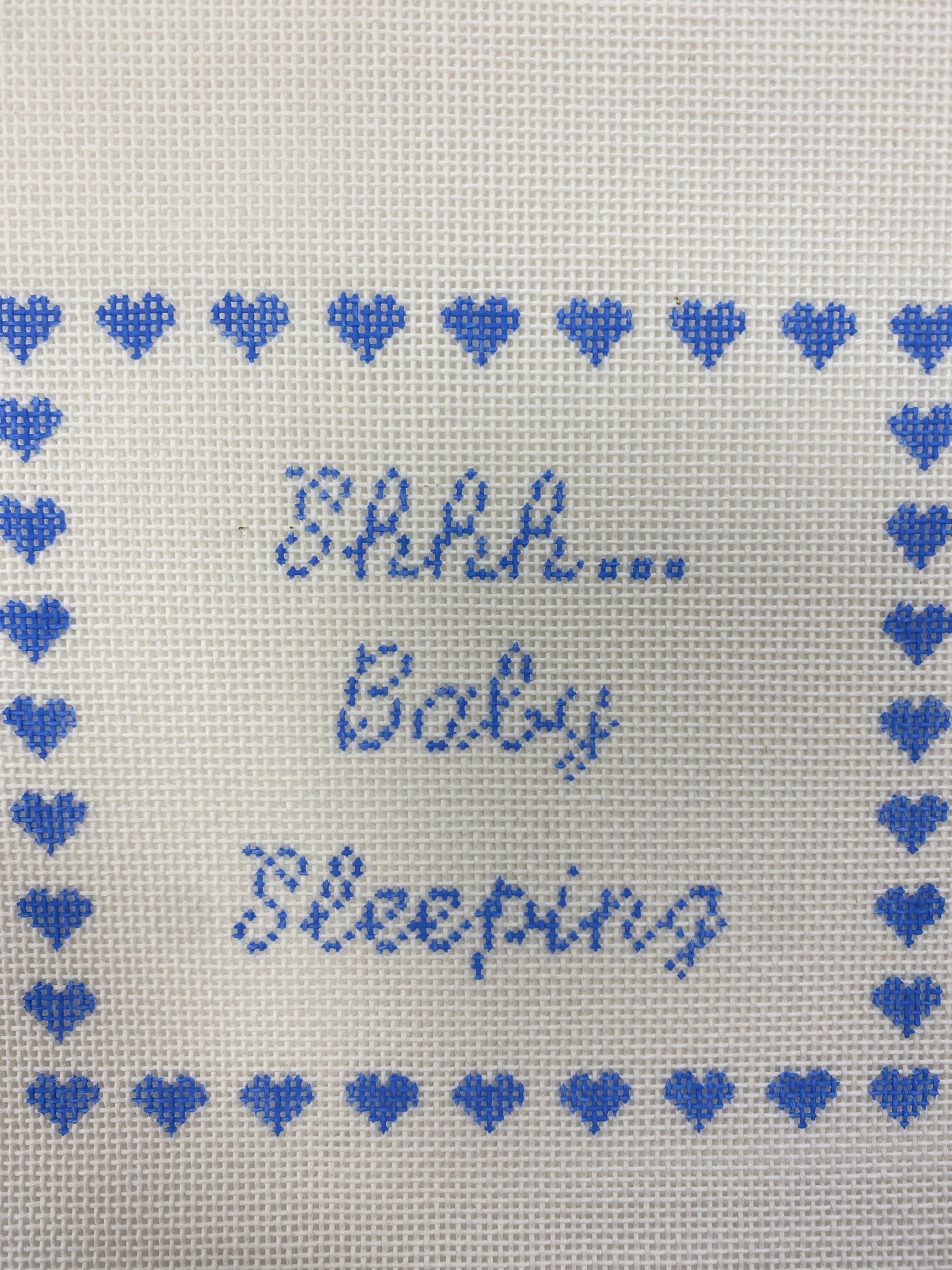 Shhh Baby Sleeping Blue Silver Stitch Handpainted Needlepoint Canvas Size: 5.5" x 5.5" / 18 Mesh