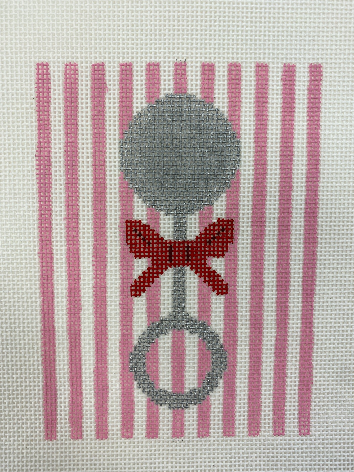 Sterling Silver Baby Rattle-Pink Silver Stitch Handpainted Needlepoint Canvas Size: 3.5" x 5" / 18 Mesh