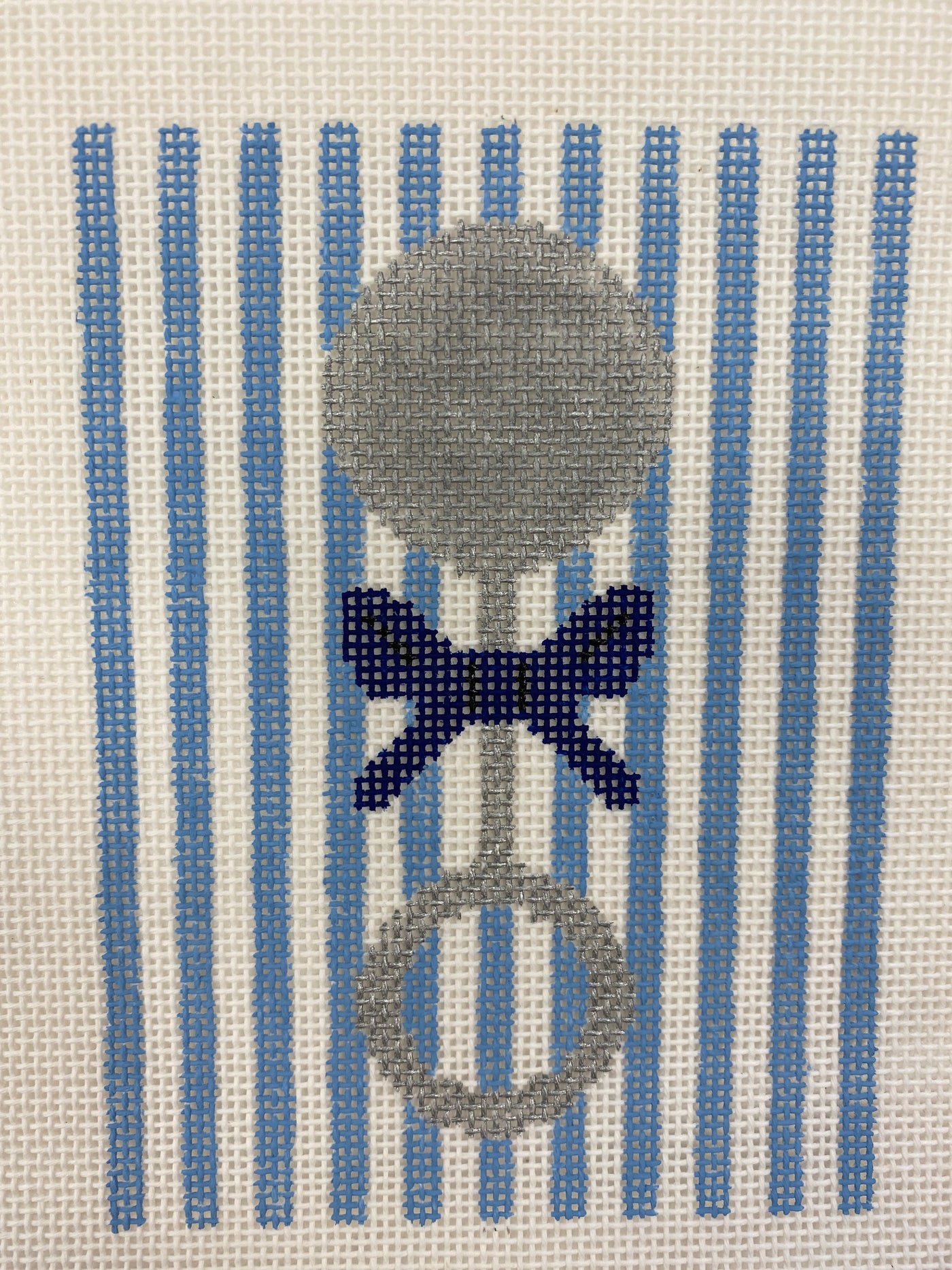Sterling Silver Baby Rattle-Blue Silver Stitch Handpainted Needlepoint Canvas Size: 3.5" x 5" / 18 Mesh