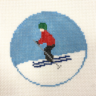 Skier Silver Stitch Handpainted Needlepoint Canvas Size: 4.25" round / 13 Mesh