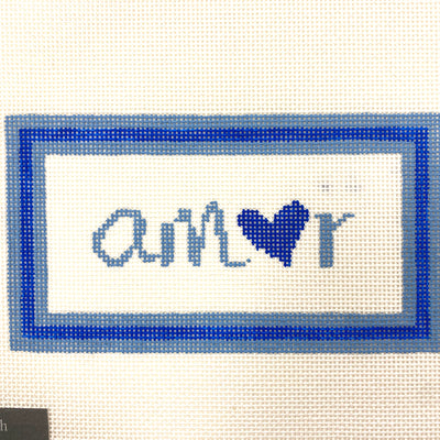Amor, Blue Silver Stitch Handpainted Needlepoint Canvas Size: 4" x 7.25" / 13 Mesh