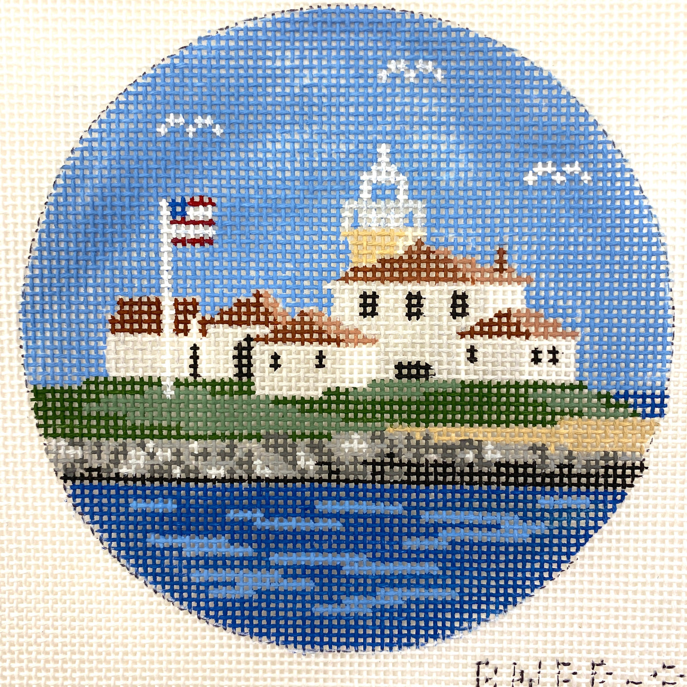 Handpainted 4" round Watch Hill, Rhode Island lighthouse needlepoint canvas