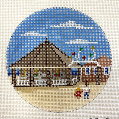 Handpainted 4" round Watch Hill, Rhode Island Flying Horse carousel needlepoint canvas