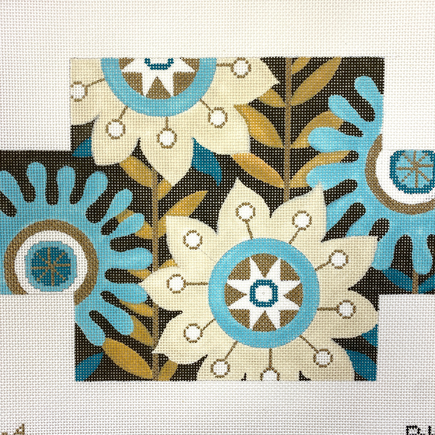 Aqua and Gold Floral Brick Cover Needlepoint Canvas