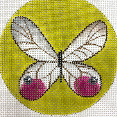 White & pink butterfly 3" round Needlepoint Canvas