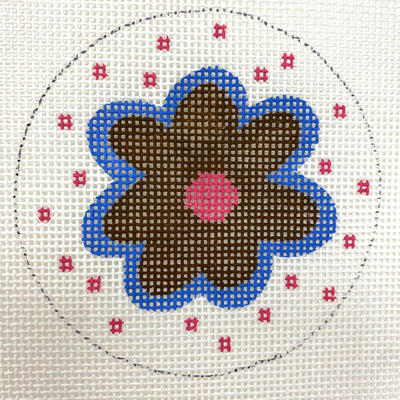 3" Round Blue & Brown Flower Needlepoint Canvas