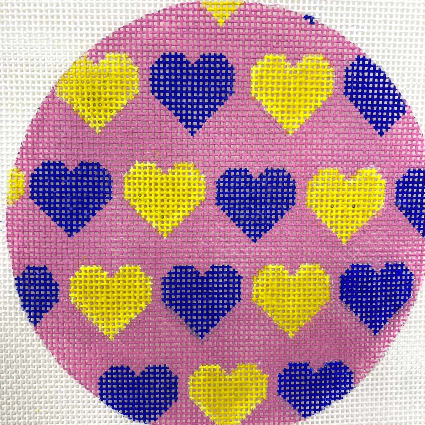 Blue and Yellow Hearts Valentine Round Needlepoint Canvas