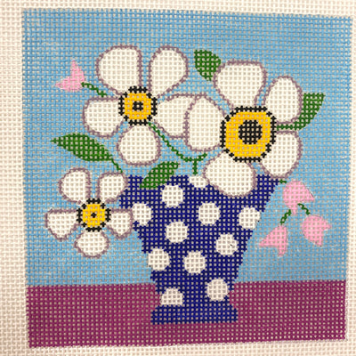 White Mod Flowers Coaster Needlepoint Canvas