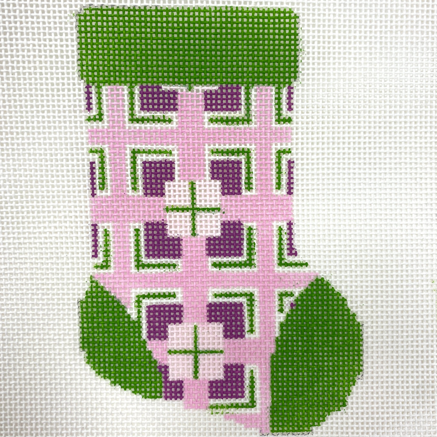 Mini Ornament Size Stocking - Green, Purple and Pink with Stitch Guide Needlepoint Canvas