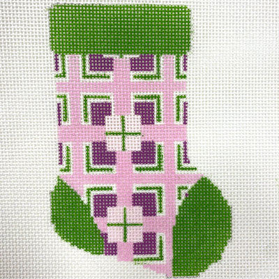 Mini Ornament Size Stocking - Green, Purple and Pink with Stitch Guide Needlepoint Canvas