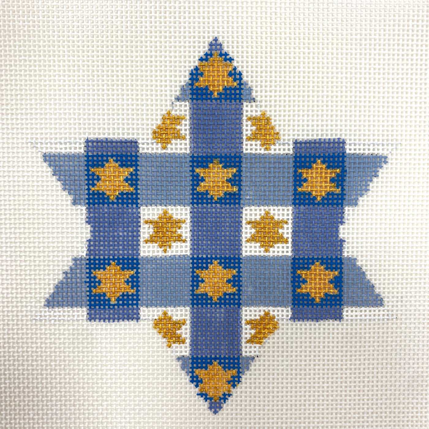 Star Snowflake Blue and White Checkered Needlepoint Canvas