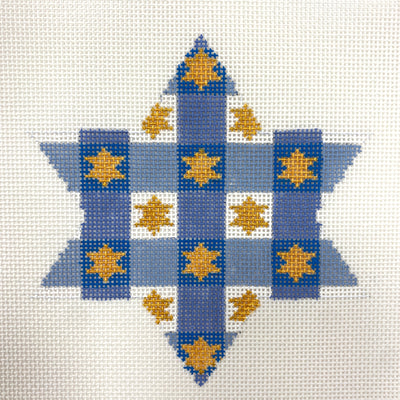Star Snowflake Blue and White Checkered Needlepoint Canvas