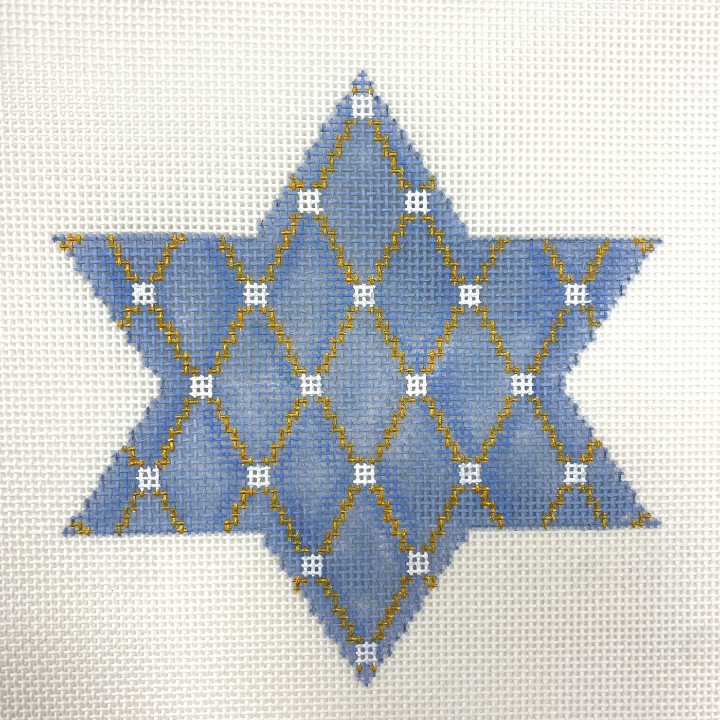 Star Snowflake Blue, Gold and White Dots Ornament Needlepoint Canvas