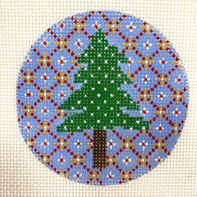 Christmas Tree Ornament on Blue with Red & Gold Needlepoint Canvas