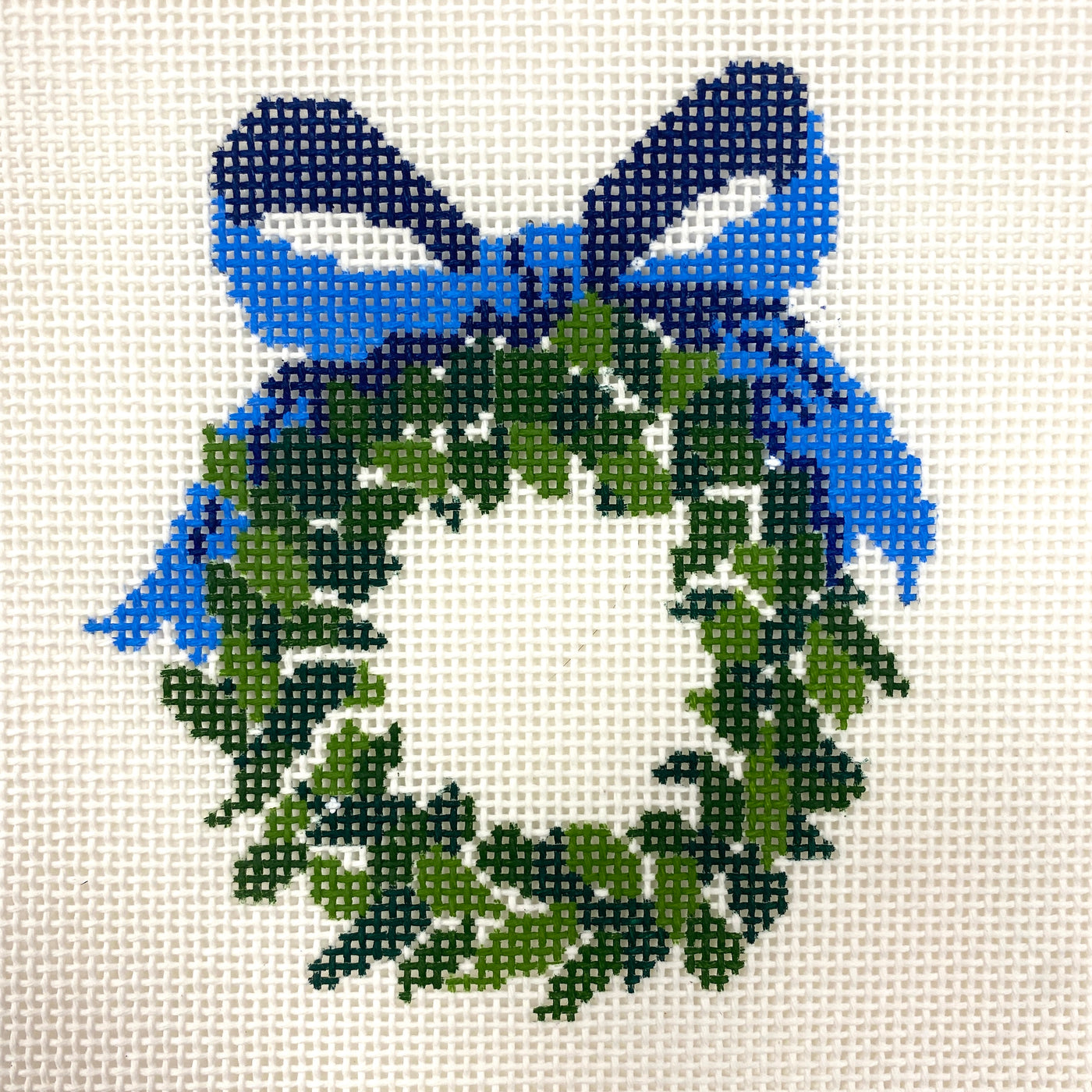 Monogramable Wreath Ornament - Blue Needlepoint Canvas