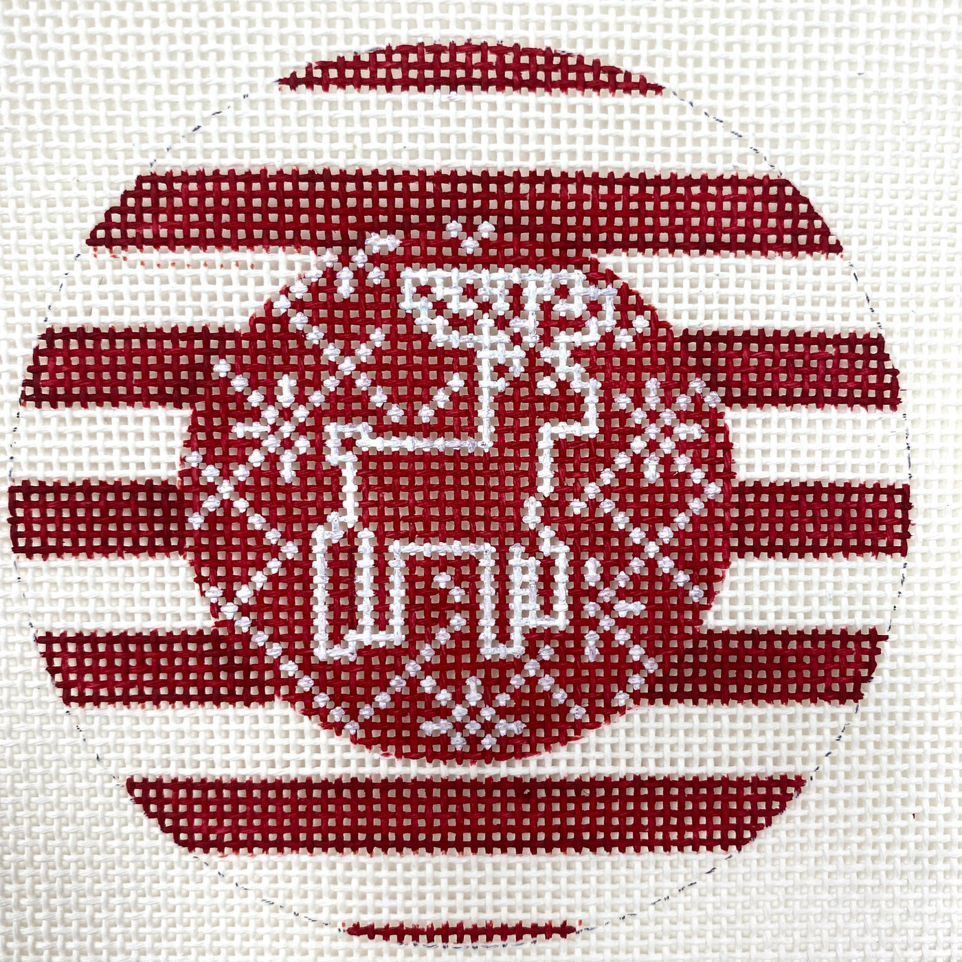 Reindeer Stripe Round Red Ornament Needlepoint Canvas