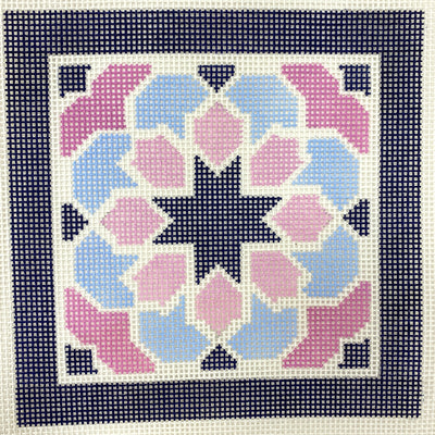 Pink and Blue Geometric with Navy Border  Needlepoint Canvas