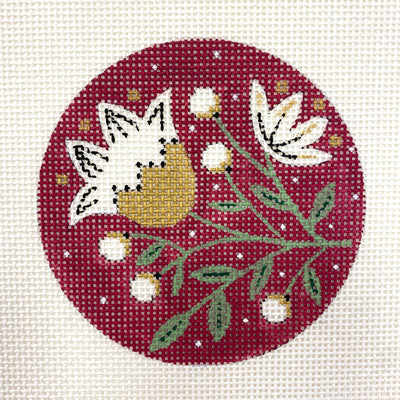 White Flowers on Red Round Ornament Needlepoint Canvas