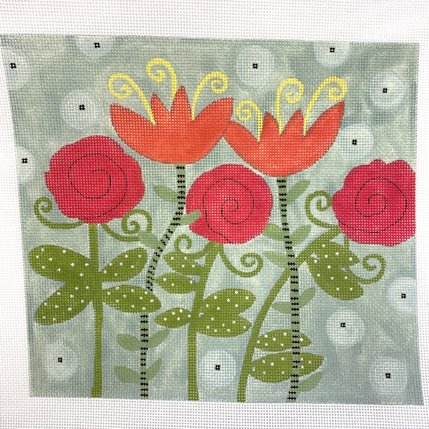 Red Flowers on Green Needlepoint Canvas