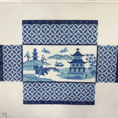 Scenic Blue & White Pagoda Brick Cover Needlepoint Canvas