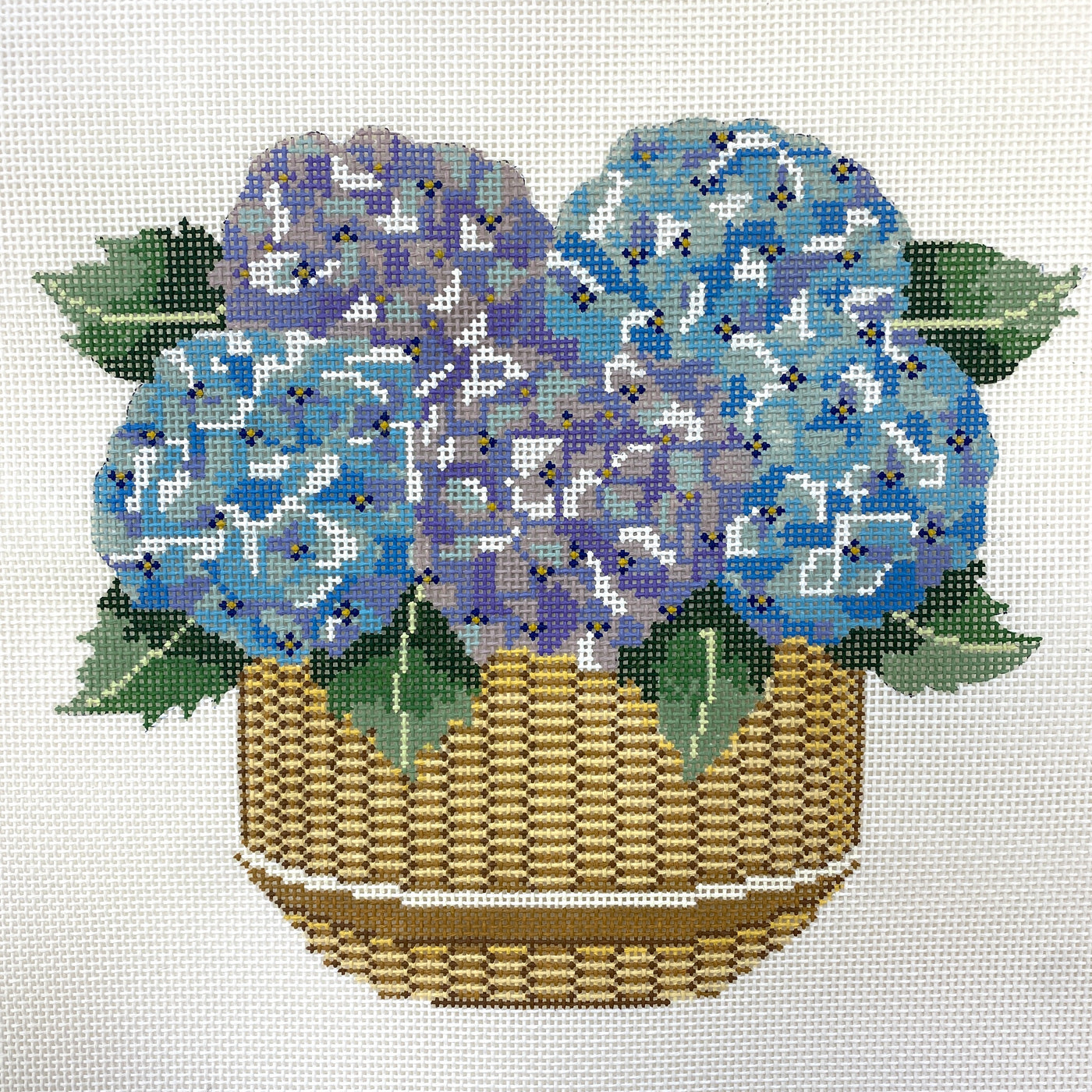 Blue & Purple hydranga in a basket Needlepoint Canvas