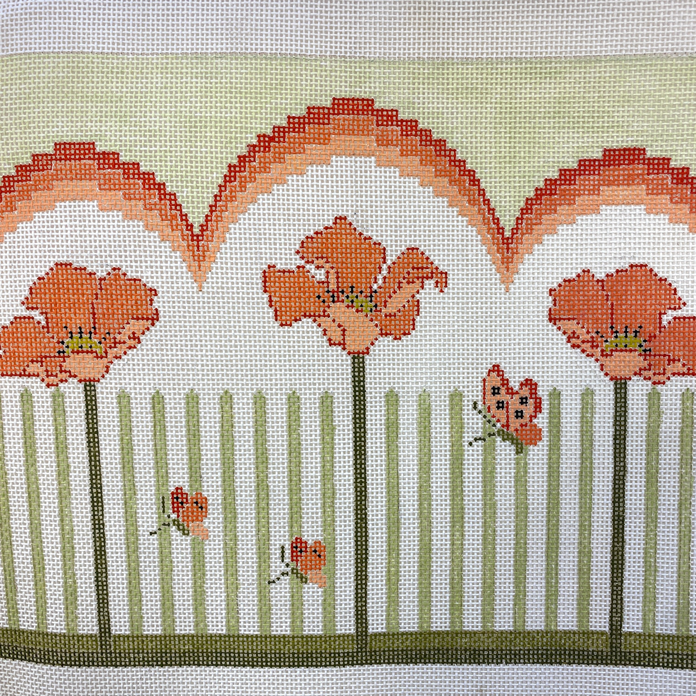 Orange Poppies and Butterflies with Bargello Top - Vintage Needlepoint Canvas