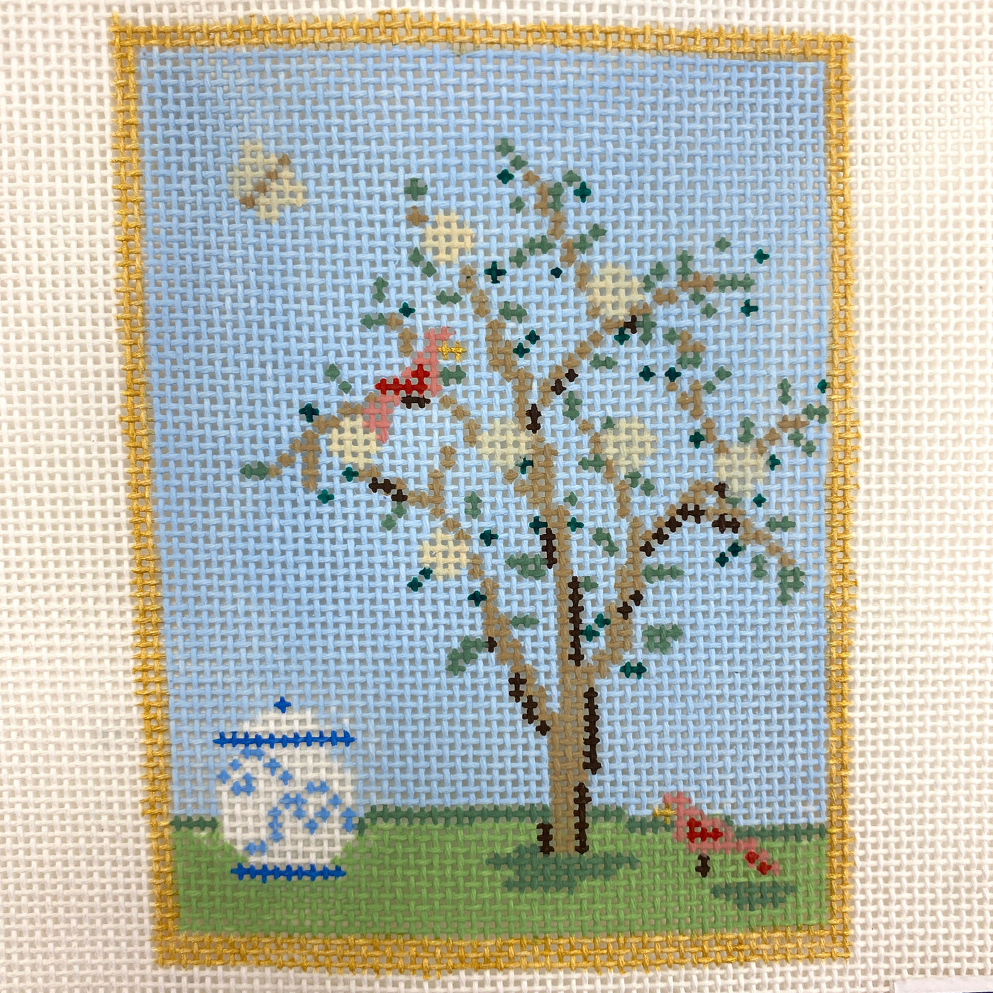 Chinoiserie Silk Screen, Ornament Size, Blue with Stitch Guide Needlepoint Canvas