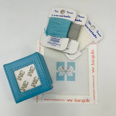 Bitty Blue Leather Ring Box with Needlepoint Canvas Insert and Fibers